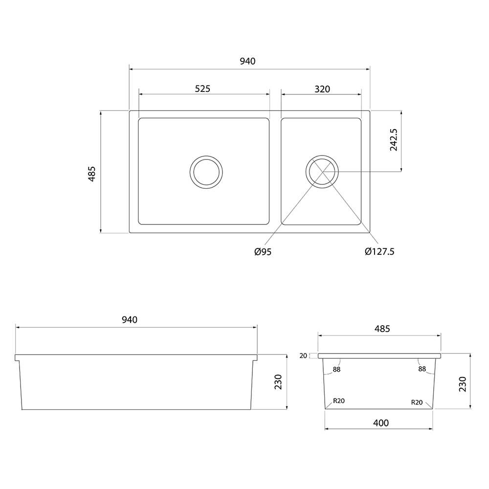 Cuisine 93 x 48 One and a Half Bowl Inset / Undermount Fine Fireclay Matte Black Sink