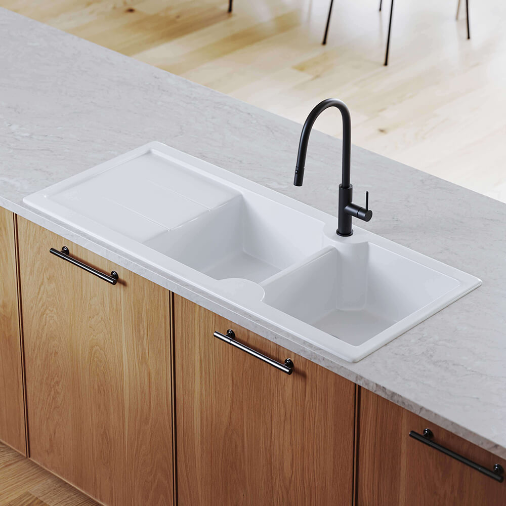 Cuisine 116 x 50 Inset / Undermount Fine Fireclay Gloss White Sink - Double Bowl and Single Drainer