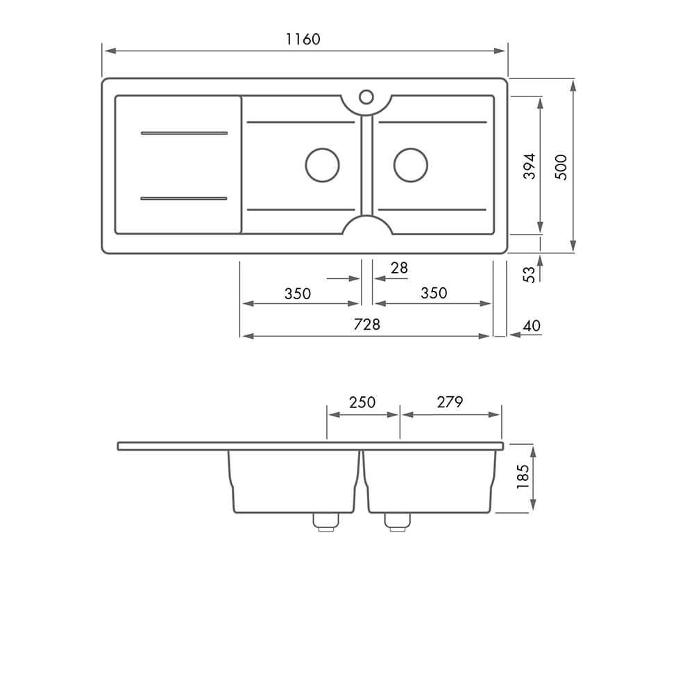 Cuisine 116 x 50 Inset / Undermount Fine Fireclay Gloss White Sink - Double Bowl and Single Drainer