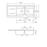 Cuisine 116 x 50 Inset / Undermount Fine Fireclay Gloss White Sink - Double Bowl and Single Drainer