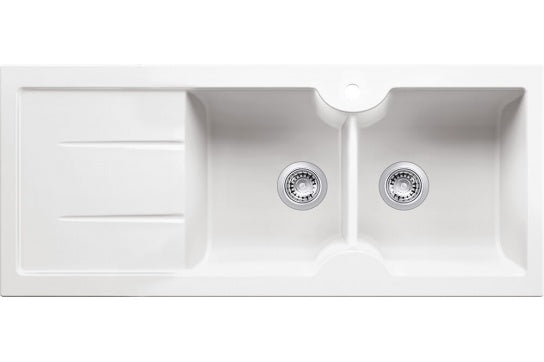 Cuisine 116 x 50 Inset / Undermount Fine Fireclay Gloss White Sink - Double Bowl and Single Drainer