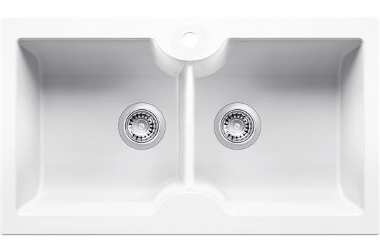 Cuisine 86 x 50 Inset / Undermount Fine Fireclay Gloss White Sink - Double Bowl with Taphole