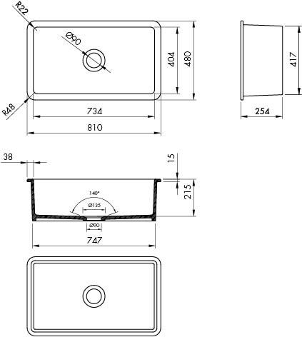 Cuisine 81 x 48 Inset / Undermount Fine Fireclay Gloss White Sink