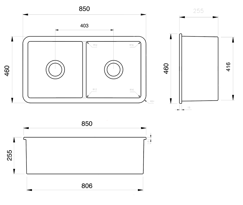 Cuisine 85 x 46 Double Inset / Undermount Fine Fireclay Sink Matte Black