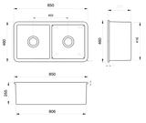 Cuisine 85 x 46 Double Inset / Undermount Fine Fireclay Sink Matte Black