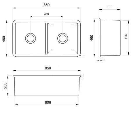 Cuisine 85 x 46 Double Inset / Undermount Fine Fireclay Sink Matte Black