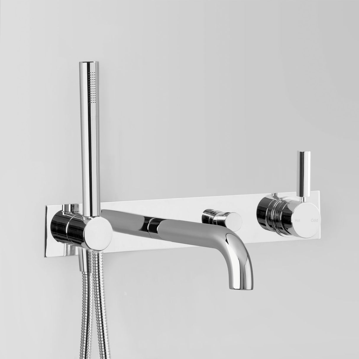 Icon + Lever Mixer with Spout, Hand Shower, Diverter & Mixer on Backplate in Chrome