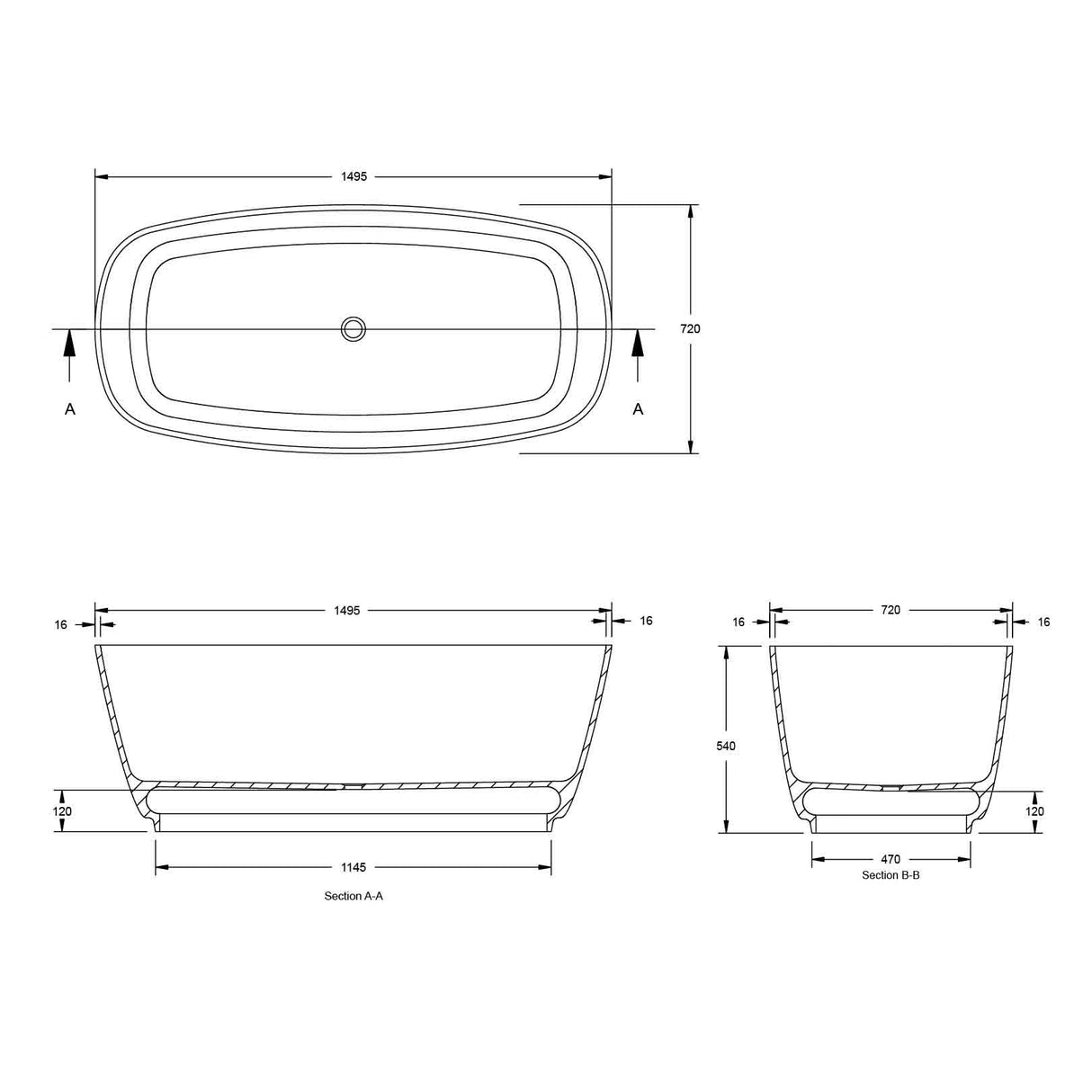 Turner Hastings Maldon 150 x 72 TitanCast Solid Surface Freestanding Bath - Gloss White