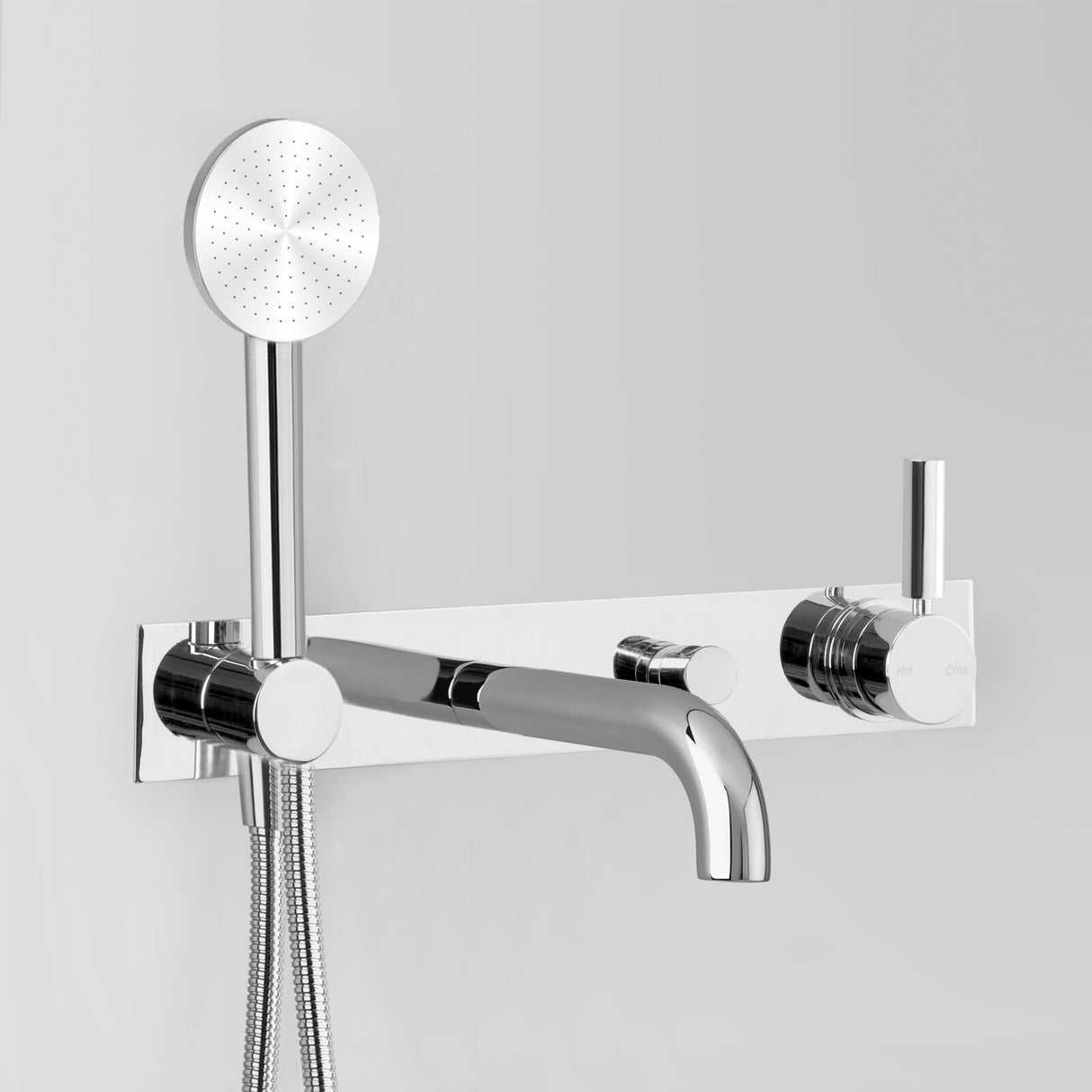 Icon + Lever Mixer with Spout, Single Function Hand Shower, Diverter & Mixer on Backplate in Chrome